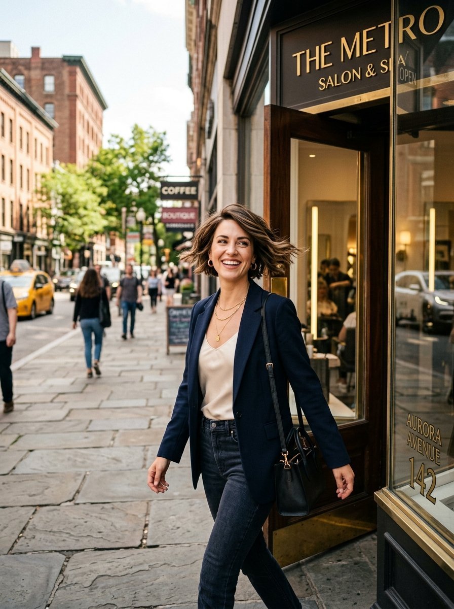 A smiling woman with a bob haircut walking down a busy city sidewalk in front of a salon storefront.