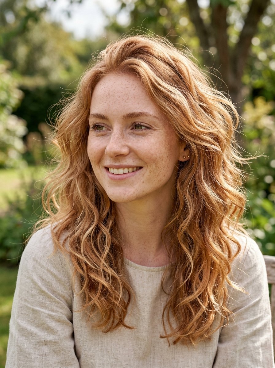 Portrait of a freckled woman with voluminous strawberry blonde hair wearing a linen shirt in a garden setting.