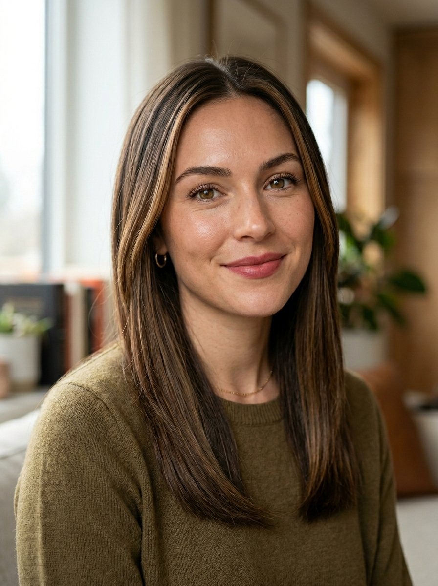 Close-up of a smiling young woman with long dark brown hair and caramel highlights wearing a green sweater.