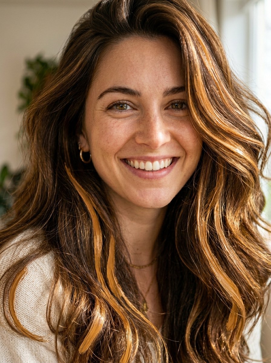 Portrait of a smiling woman with sun-kissed wavy hair, freckles, and gold hoop earrings.