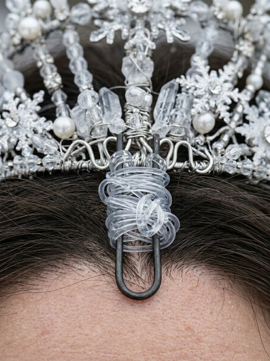 Close-up of a sparkling silver tiara with clear crystals and pearl accents pinned to dark hair.