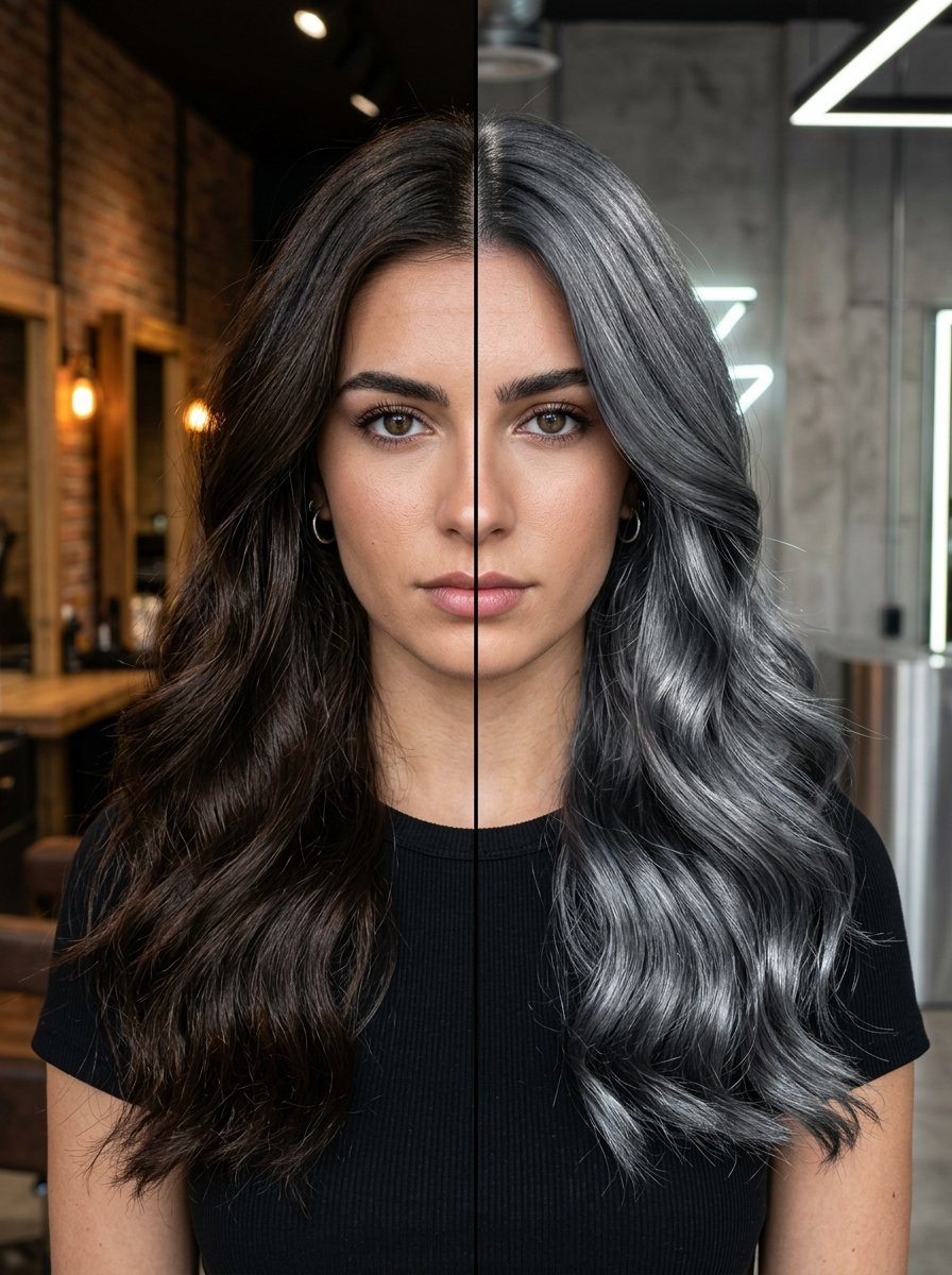 A close-up portrait of a woman with long wavy hair split into natural brunette and dyed metallic grey.
