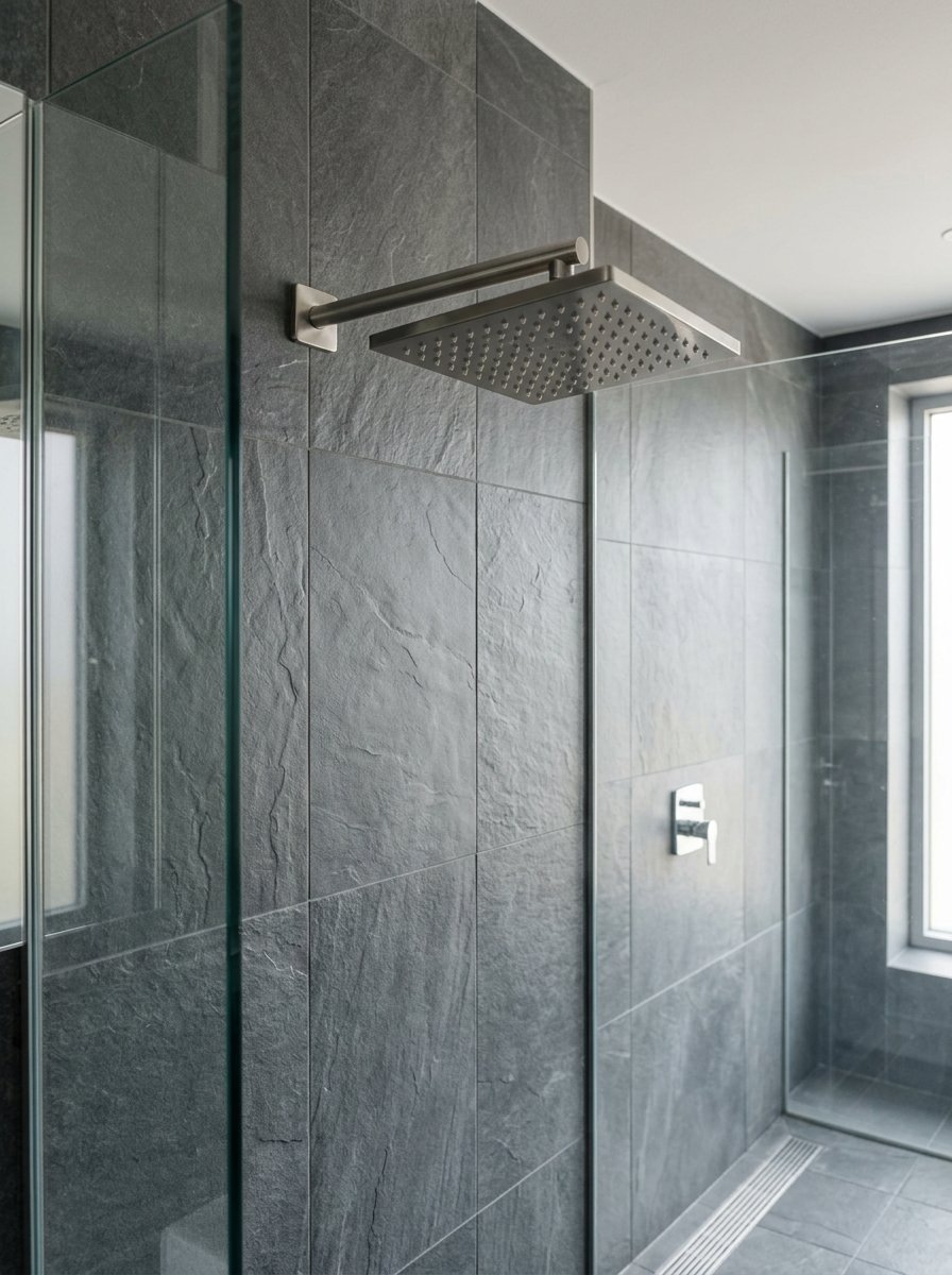 Stainless steel square rainfall shower head installed on grey slate bathroom tiles with a glass partition.