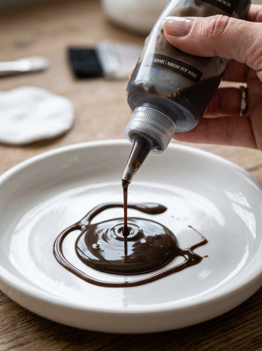 Close-up of a hand squeezing dark hair colorant from a plastic applicator bottle into a small white bowl.