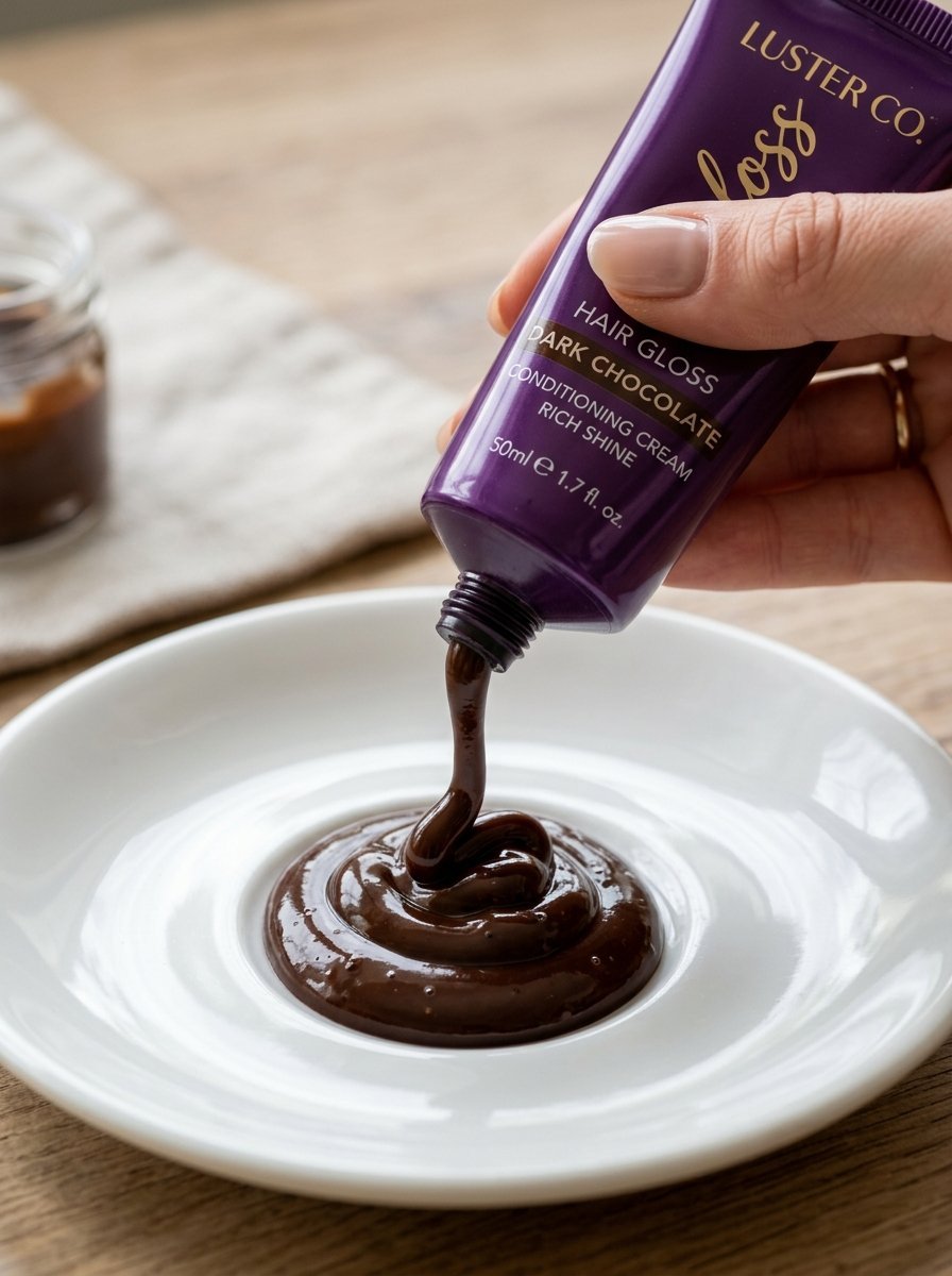 A hand squeezes a purple tube of Luster Co. dark chocolate hair gloss onto a small white dish.