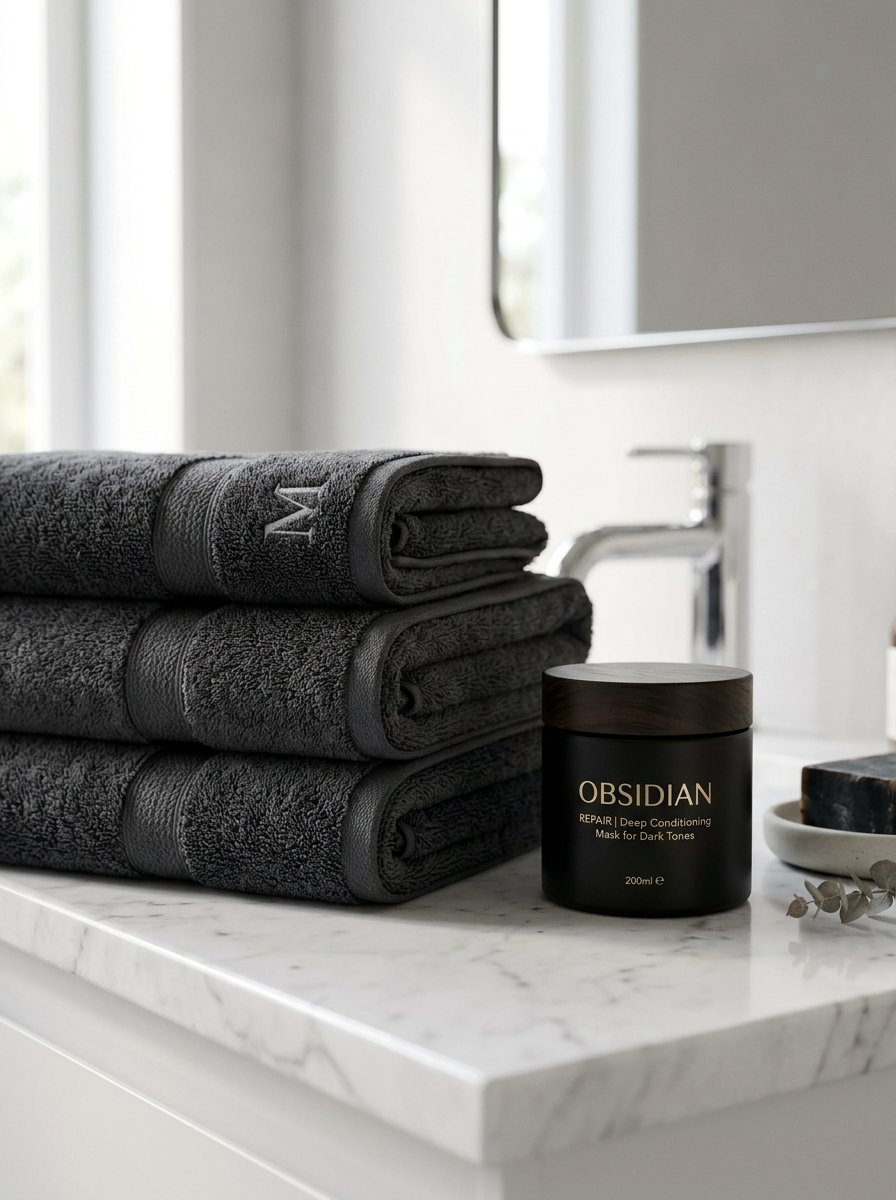 Obsidian deep conditioning hair mask jar beside a stack of folded dark grey towels on a marble bathroom vanity.