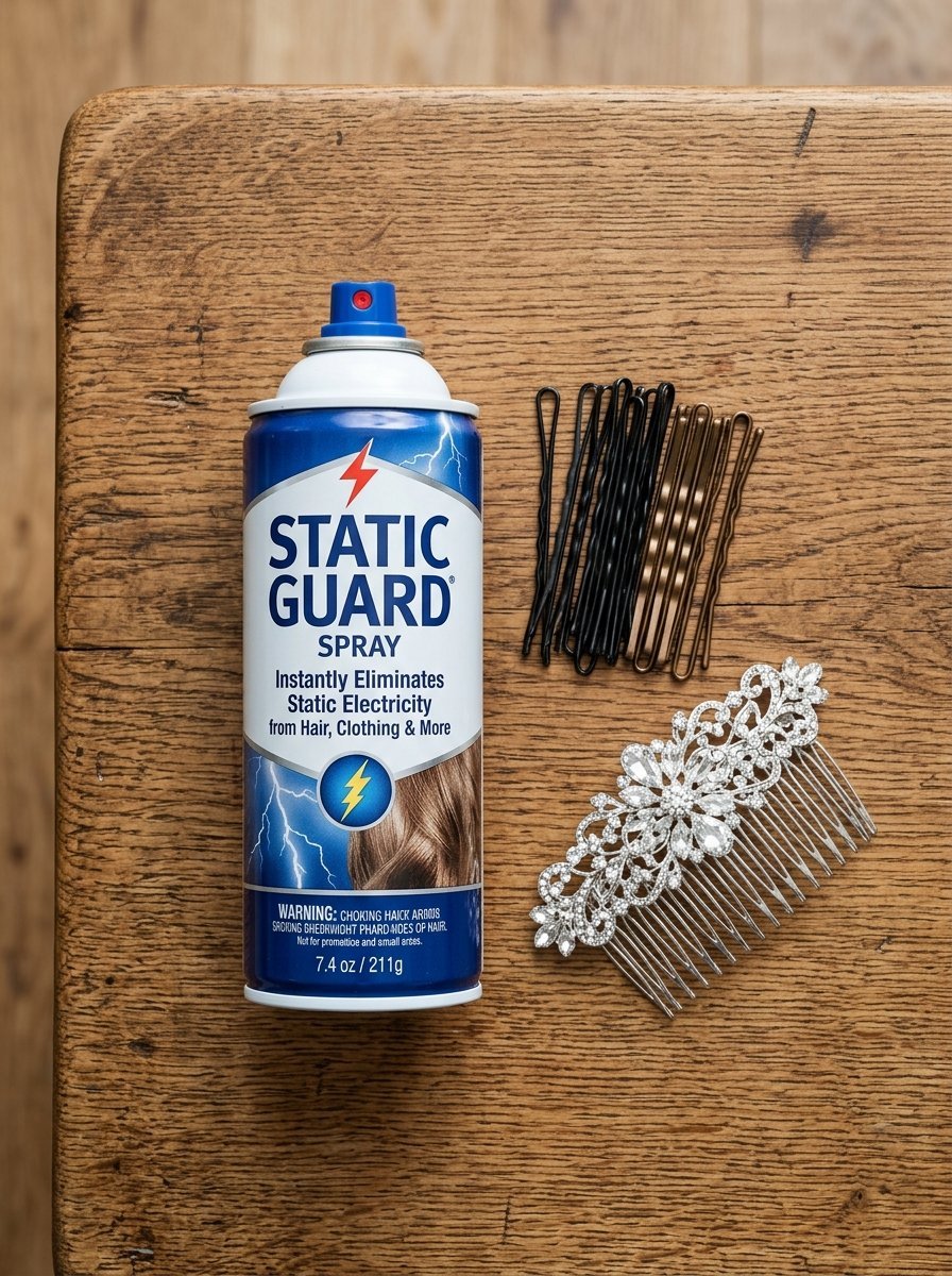 Static Guard spray can sitting on a wooden surface next to black and gold bobby pins and a silver crystal hair comb.