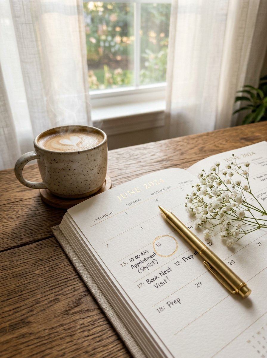 Steaming latte beside a June 2024 calendar featuring a golden pen and small white flowers on a wooden table.