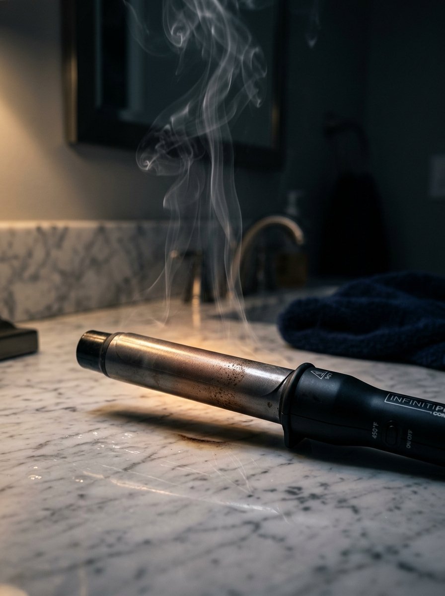 Close up of a smoking hot hair curling iron resting on a marble countertop in a dimly lit bathroom.