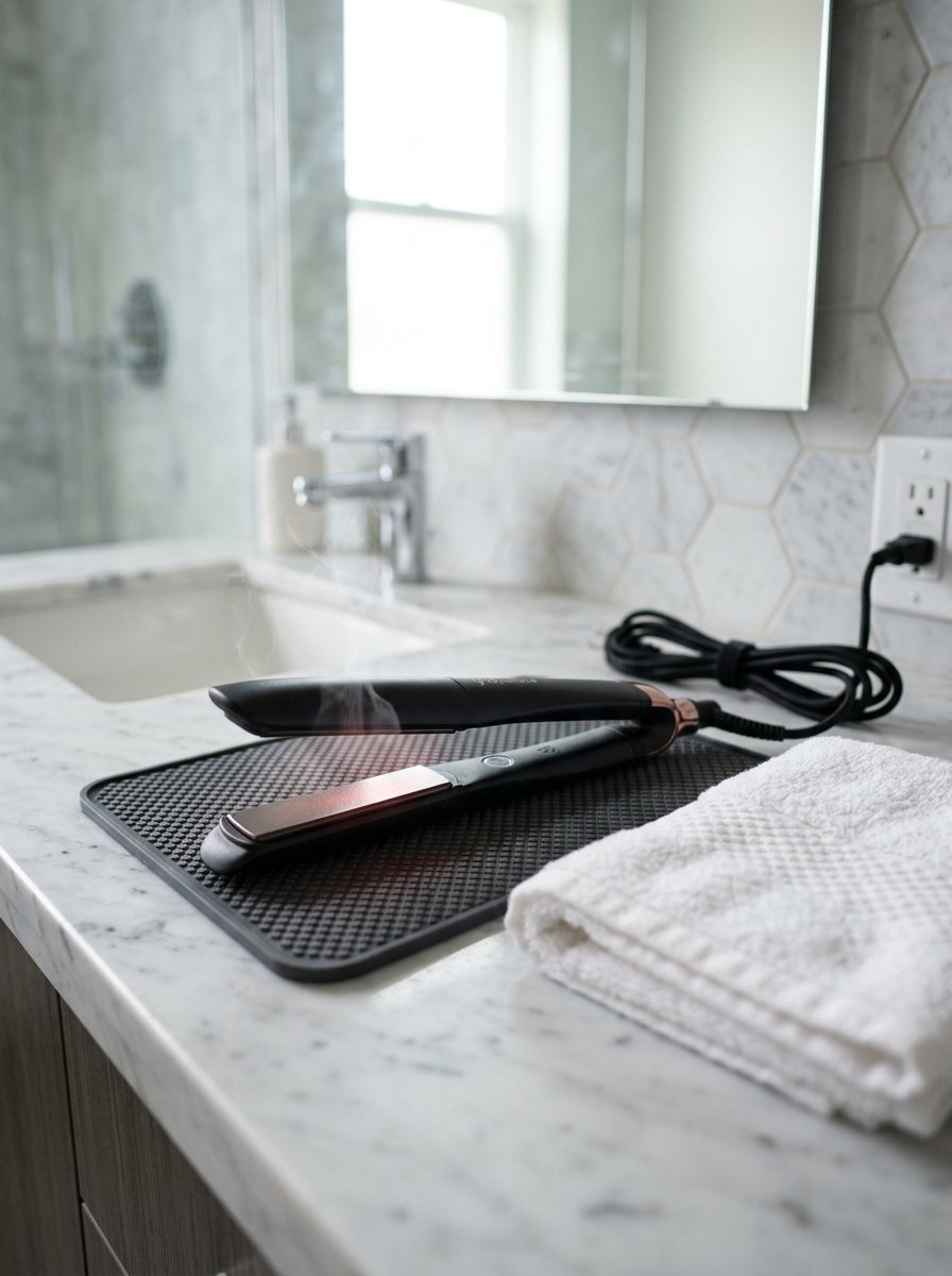 Close up of a black hair straightener emitting steam while sitting on a textured silicone mat on a marble vanity.