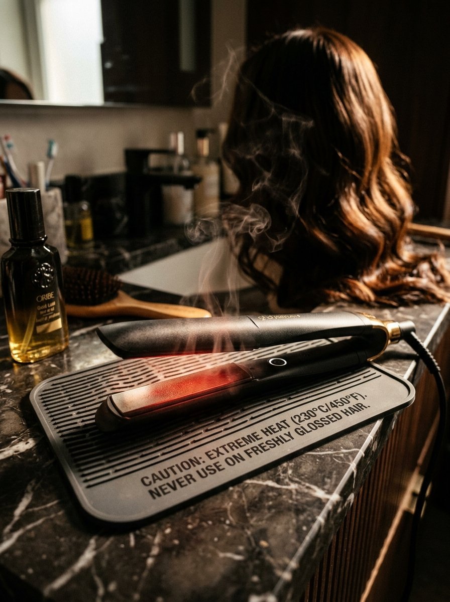 Steam rises from a hot hair iron resting on a rubber mat labeled with heat warnings next to a wig.