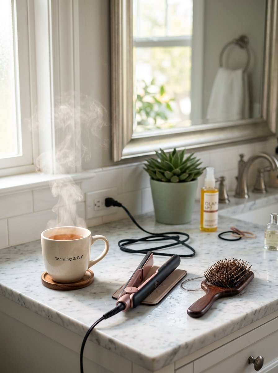 Steaming mug, hair straightener, and wooden brush on a marble bathroom vanity.