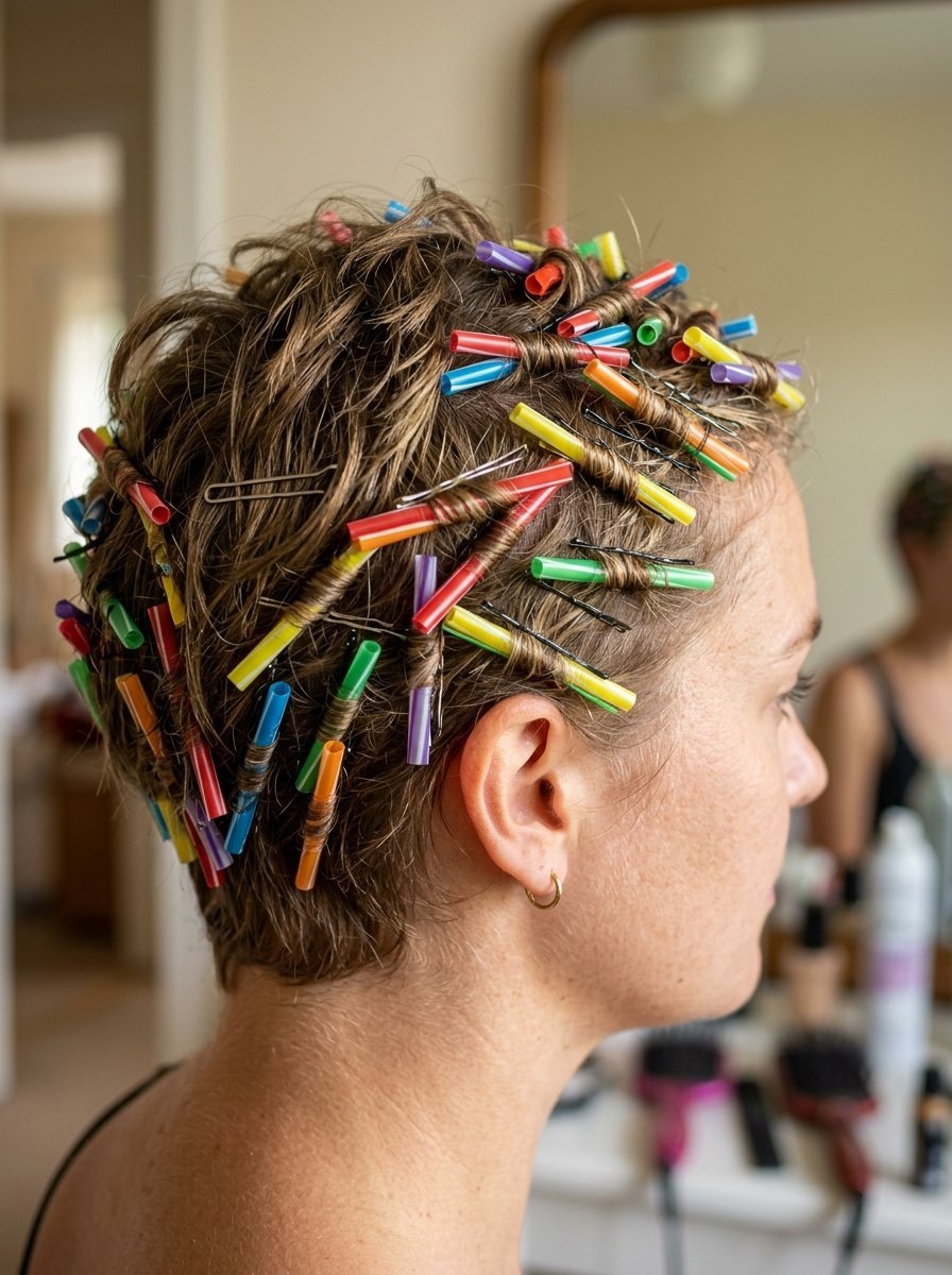 Close up of a person using small multicolored straws to create DIY curls in their short brown hair.