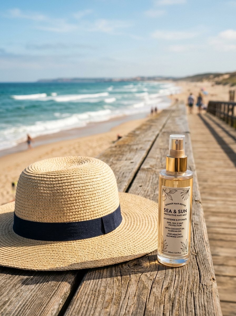 Close up of a straw sun hat and a bottle of Sea & Sun hair mist resting on a weathered wooden boardwalk.