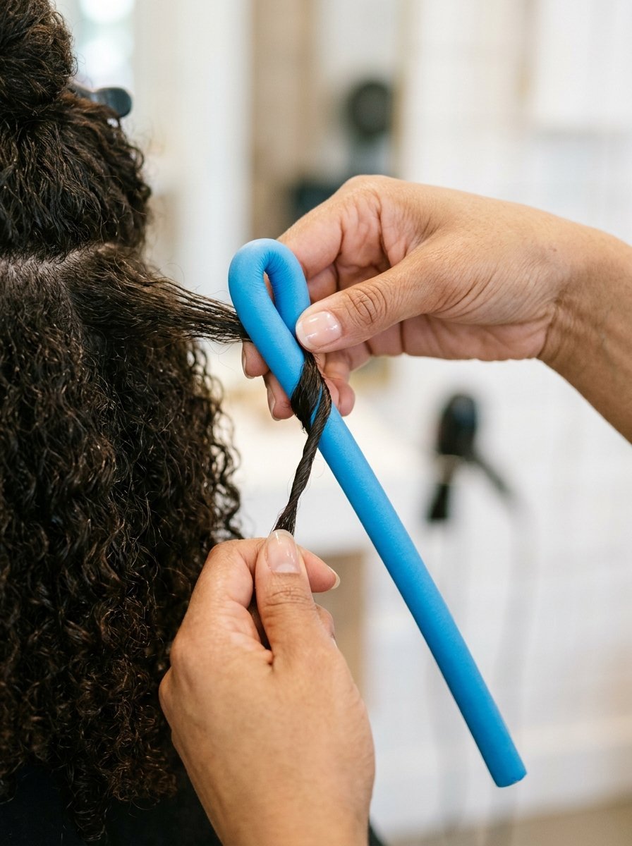 Close up of hands wrapping a section of dark curly hair around a flexible blue foam styling tool.