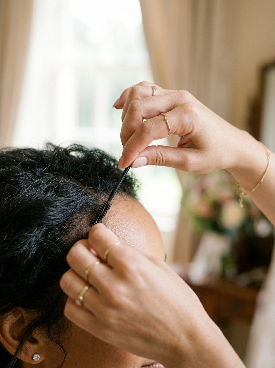 Close-up of hands with gold rings using a black spoolie brush on dark, textured hair near the forehead.