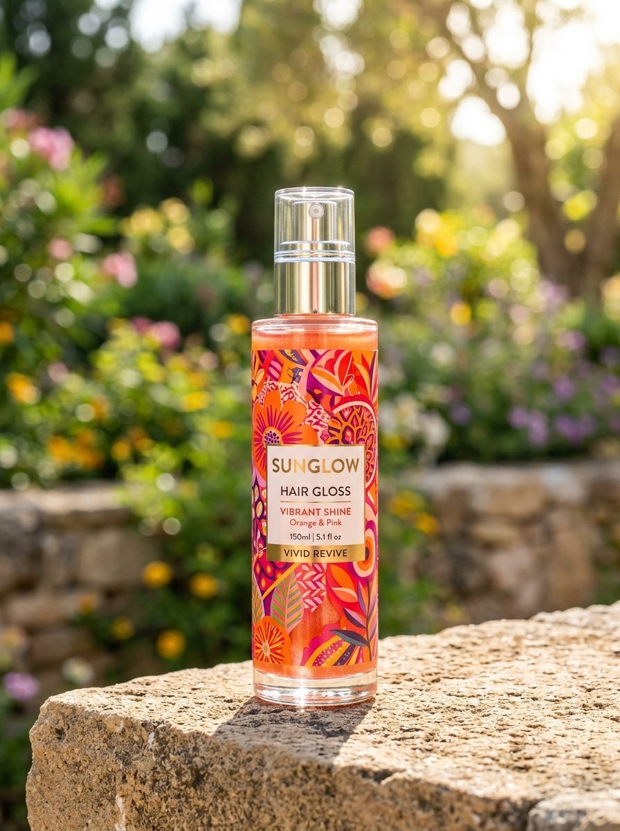 A decorative bottle of Sunglow hair gloss sitting on a stone ledge with a blurred garden background.
