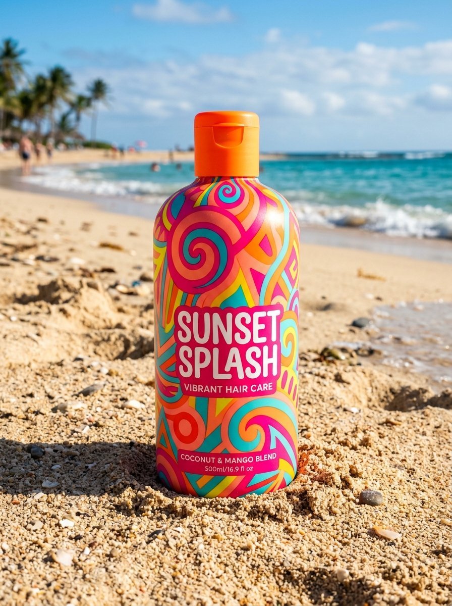 Bottle of Sunset Splash hair care with psychedelic patterns standing on beach sand by the ocean.