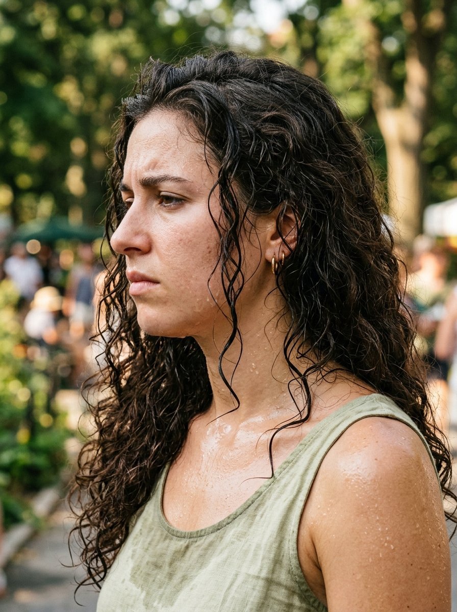 Close-up portrait of a woman with damp dark hair and a light green tank top in a park setting.