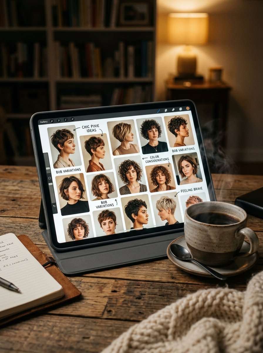 A tablet on a wooden table displaying a collage of different women's short hairstyles next to a cup of coffee.