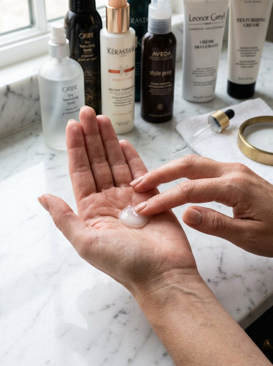 Close up of person testing a small drop of translucent hair product from their palm with a finger.