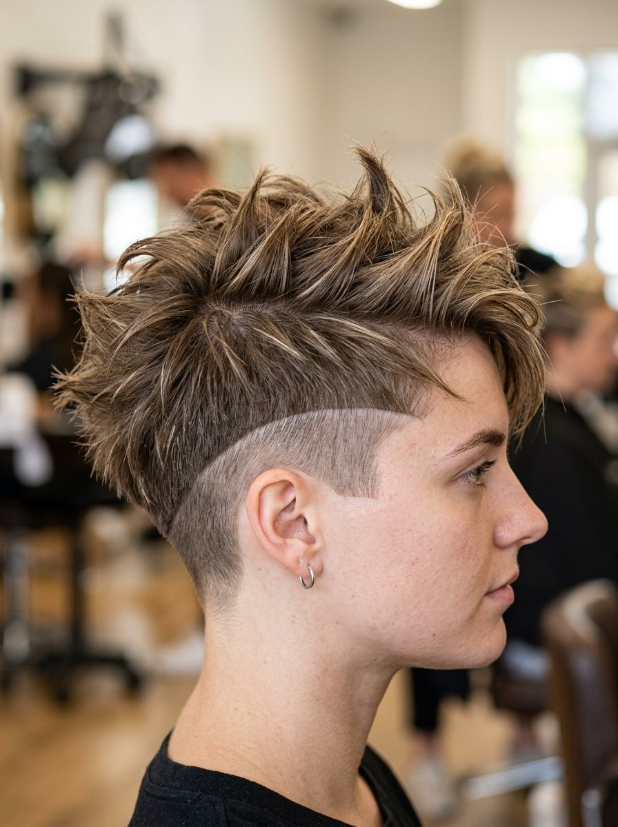 A person with a textured, spiky blonde pixie hairstyle featuring a sharp, clean shaved undercut design.