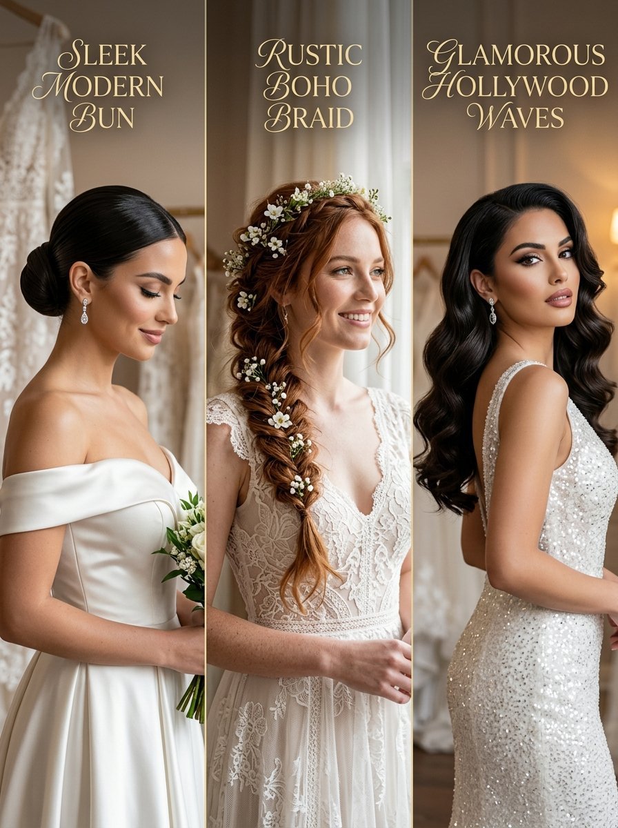 Three women showcasing wedding hair: a sleek bun, a braided boho look with flowers, and glamorous dark wavy hair.