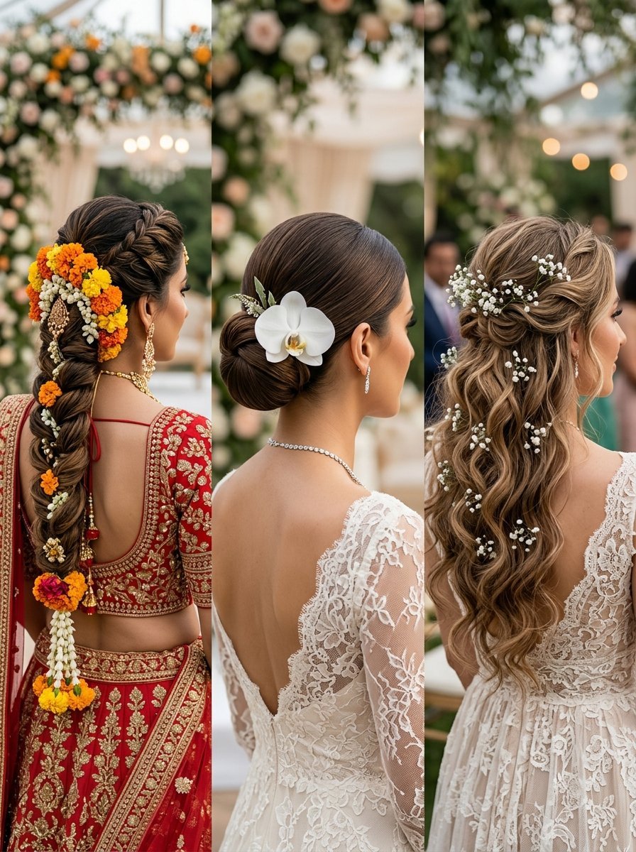 Split view showing a braided floral hairstyle, a sleek orchid bun, and loose waves with baby's breath flowers.