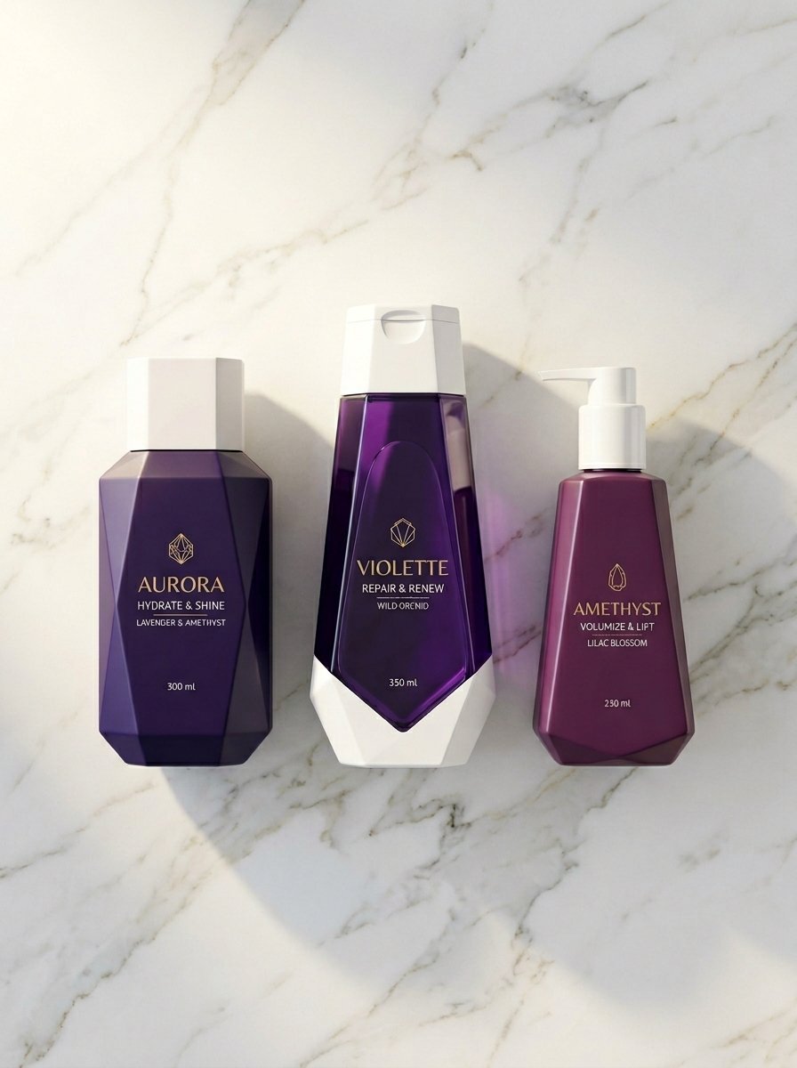 Collection of three geometric purple hair care bottles with white caps displayed on a white marble background.