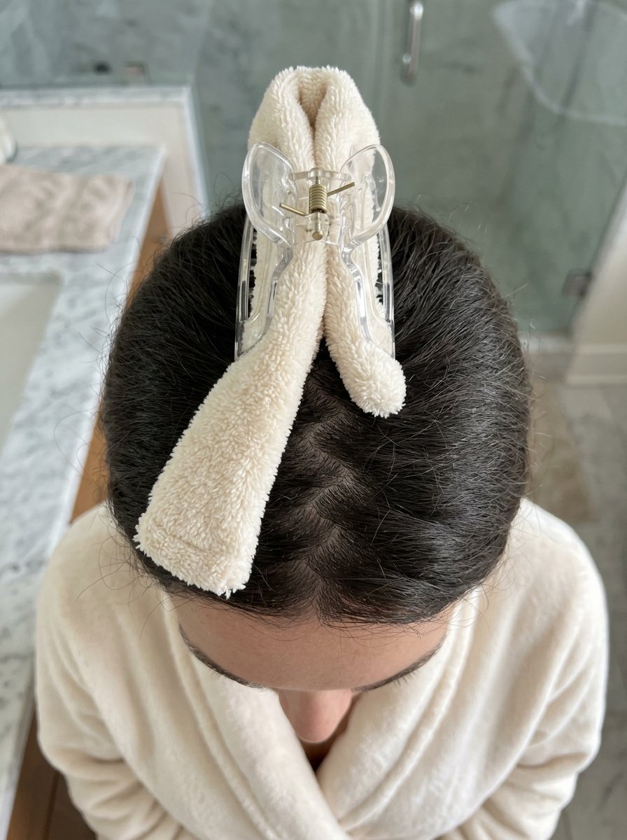 Top view of a person wearing a beige micro-fiber hair towel folded and held by a clear plastic clip.