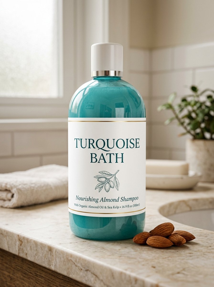 A bottle of Turquoise Bath shampoo with almond oil sitting on a marble countertop next to loose almonds.