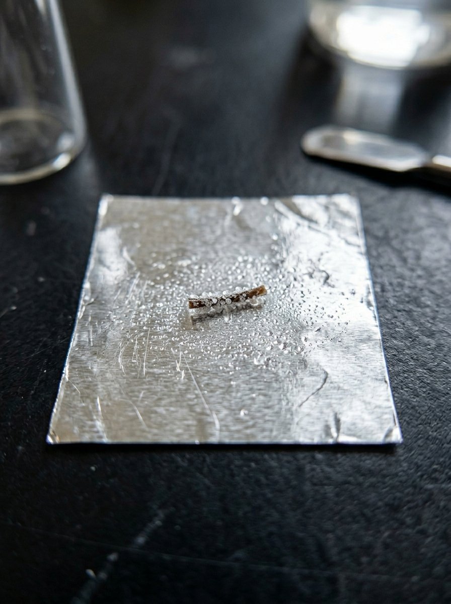 Close-up of a tiny, moisture-covered twig resting on a square piece of silver foil on a dark surface.