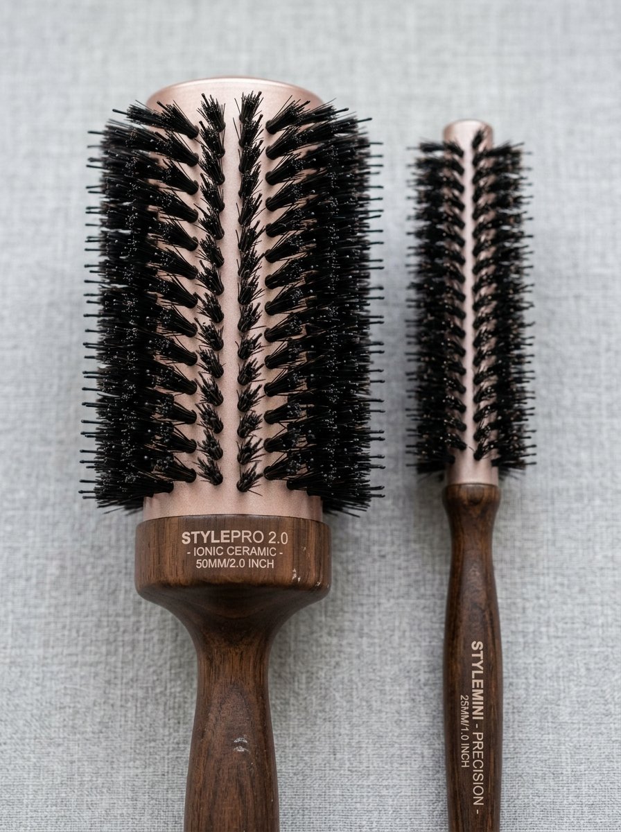 Close up of a large 50mm and small 25mm round hair brush with dark wood handles on a grey fabric background.