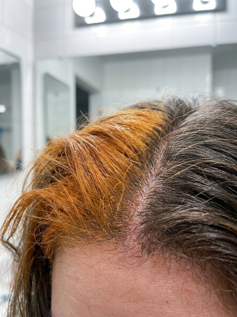 Split hair color showing bright orange bleached strands next to natural dark roots.