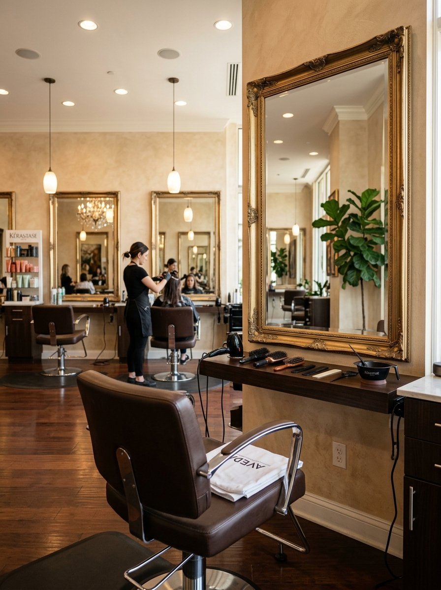 Empty styling chair in a modern salon with professional tools and a large gold-framed mirror.