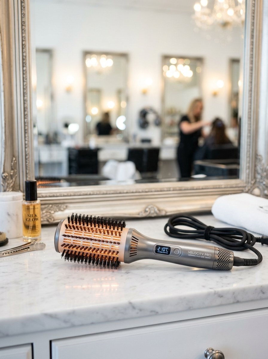 A grey and rose gold hot air styling brush lying on a white marble salon vanity with hair products nearby.