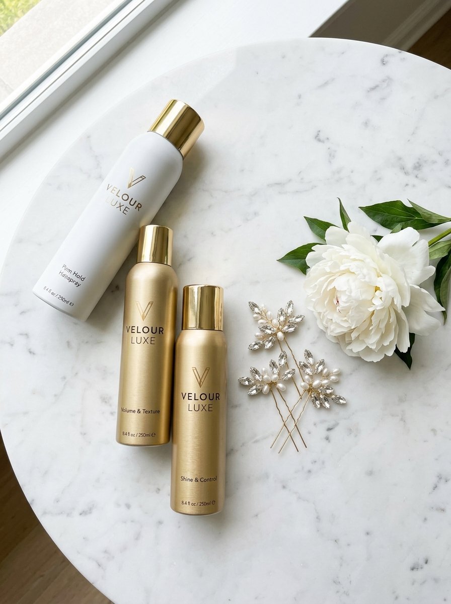 Three gold and white Velour Luxe spray bottles displayed beside a white flower and bridal hair pins.