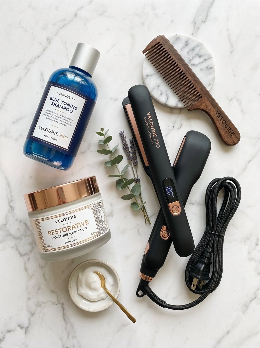 A flat lay of Velourie blue shampoo, hair mask, wooden comb, and professional hair straightener on marble.