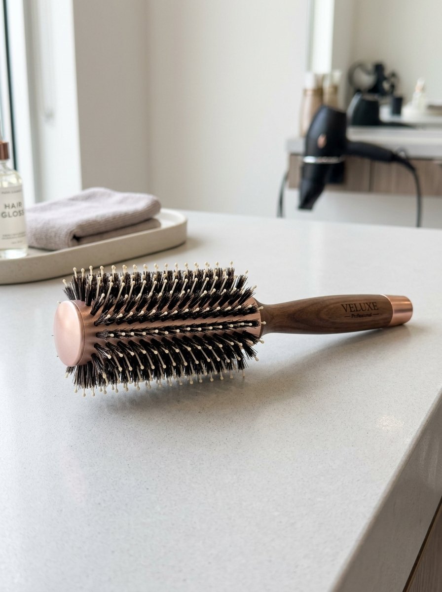 Close up of a professional round styling brush with dark bristles resting on a clean white countertop.
