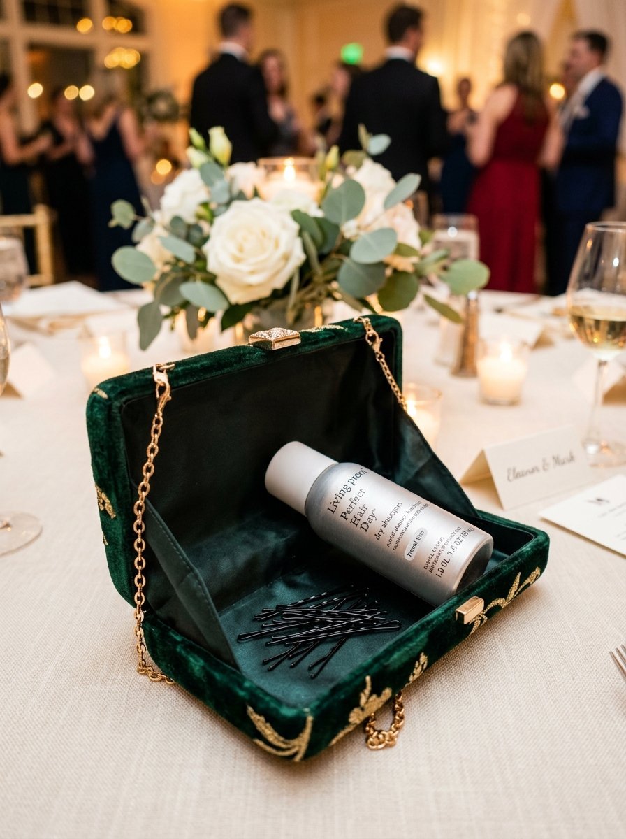 Open emerald green velvet purse containing travel size dry shampoo and several black bobby pins on a dinner table.