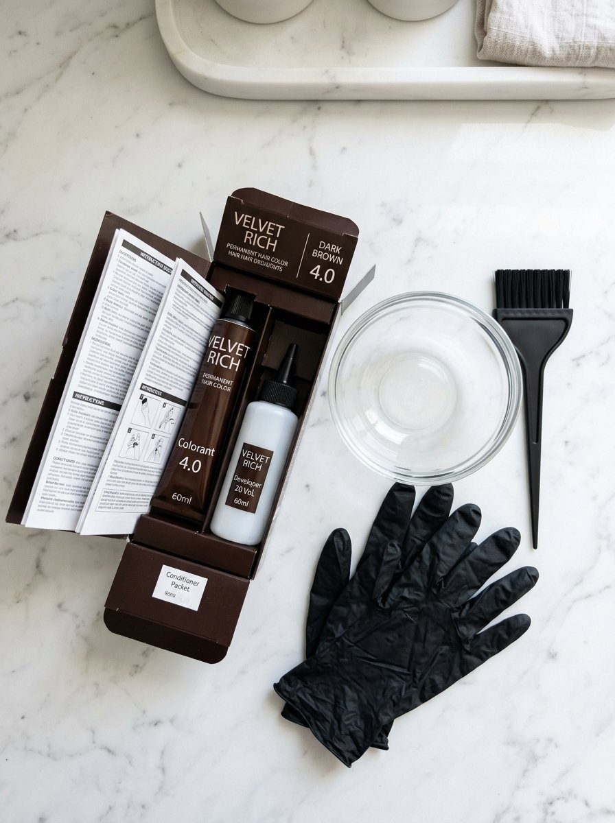 A hair coloring set with dye, developer, instructions, plastic bowl, brush, and black gloves on a marble surface.