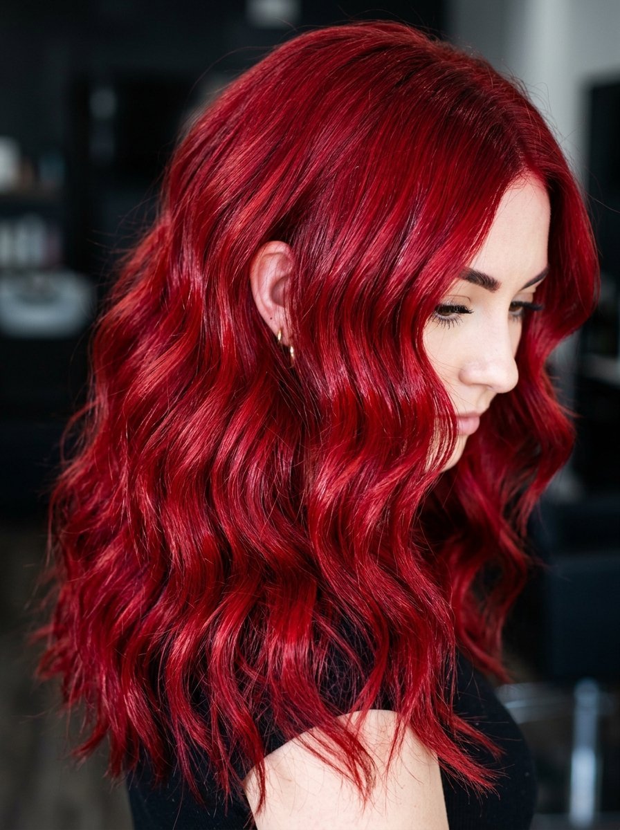 Close up side profile of a woman with long, shiny, bright red hair styled in loose, natural-looking waves.