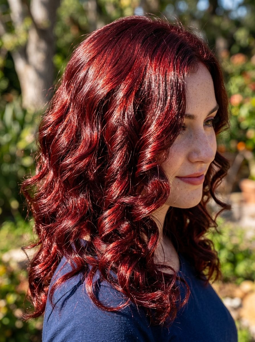 Profile view of a woman with freckles and shiny, deep red curls in sunlight.
