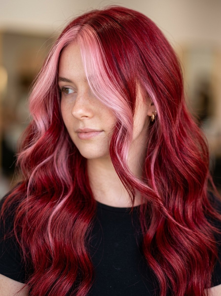 Portrait of a woman with deep crimson wavy hair and light pastel pink face-framing money pieces.