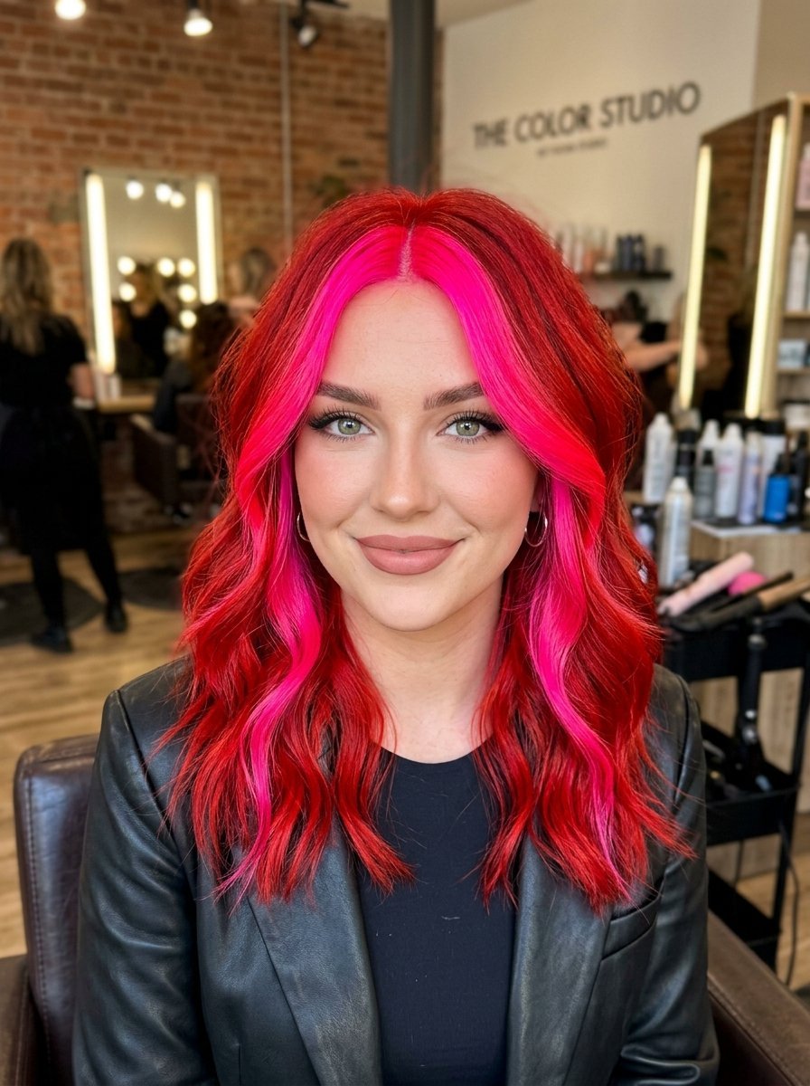 Portrait of a woman sitting in a salon chair displaying a bold red hairstyle with neon pink curtain bangs.