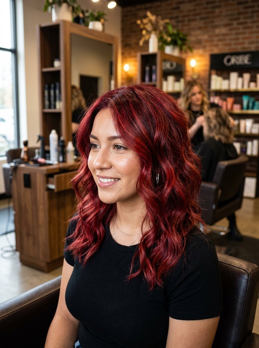 A smiling woman with shoulder-length wavy red hair sitting in a professional hair salon chair.