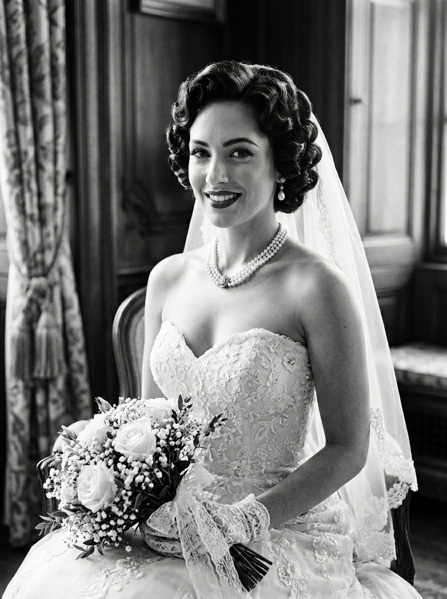 A black and white portrait of a smiling bride in a strapless gown holding a bouquet of roses.