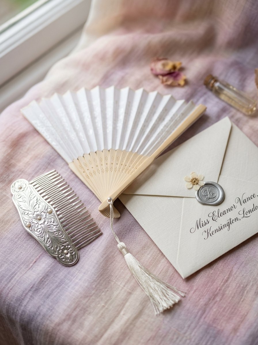 An ornate silver hair comb, paper hand fan, and addressed envelope with a floral wax seal on a soft fabric cloth.