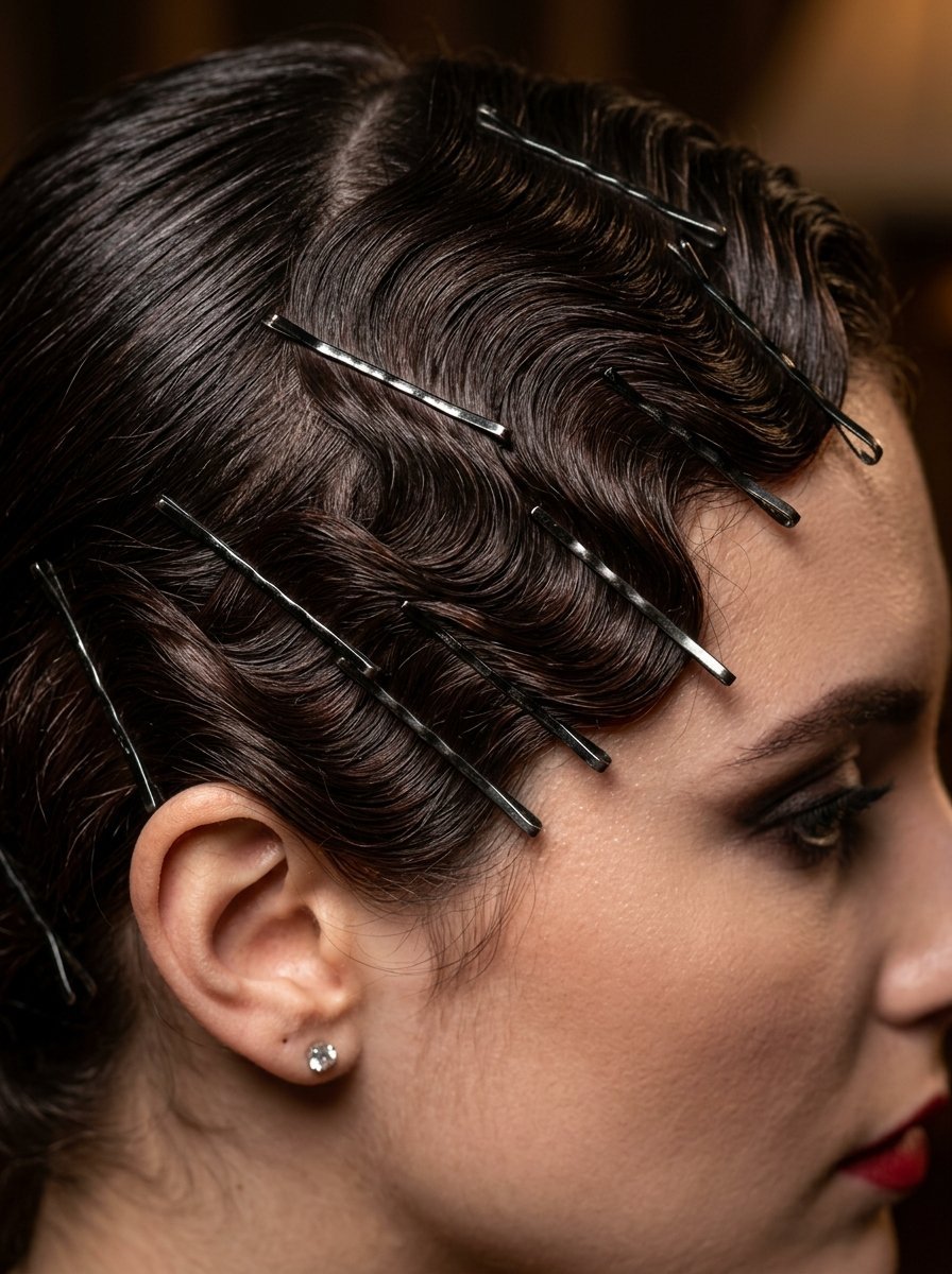 Close-up of a woman's brown hair styled in retro finger waves pinned with black hair clips.