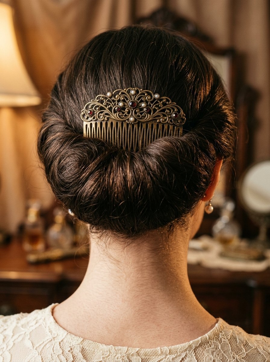 A close-up back view of a woman with brunette hair styled in a bun held by a decorative bronze and ruby hair comb.